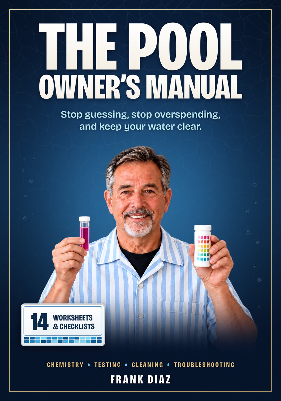 The Pool Owner's Manual by Frank Diaz. Cover: Frank holding a test vial and a bottle of test strips, with a badge for 14 worksheets and checklists.
