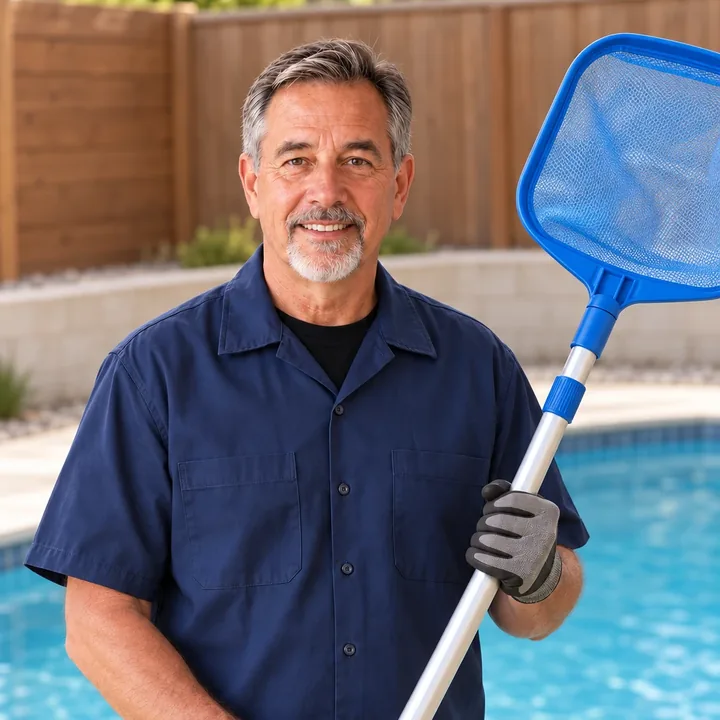 Frank Diaz beside a backyard pool, holding a skimmer net and wearing work gloves.